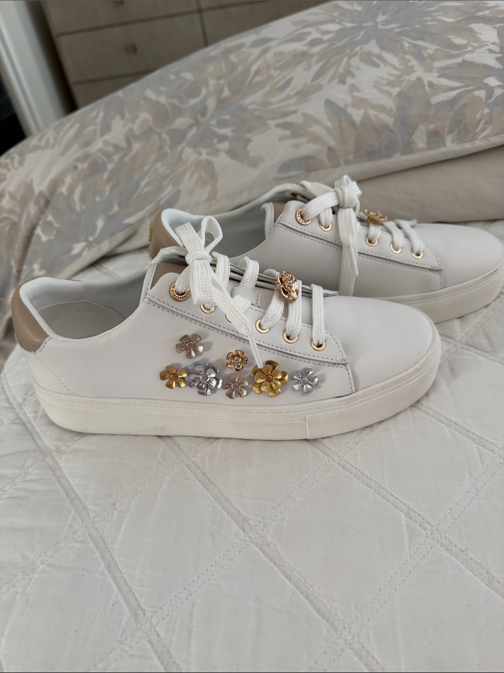 Karl Lagerfeld White Low-Top Sneakers with Gold & Silver Floral Accents